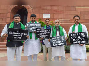 New Delhi: TRS MPs stage a protest during the ongoing Winter Session of Parliame...
