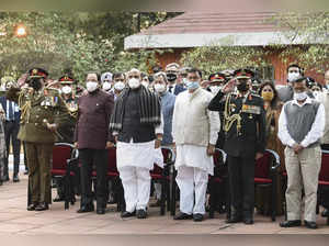 New Delhi: Defence Minister Rajnath Singh, MoS Defence Ajay Bhatt, Delhi CM Arvi...