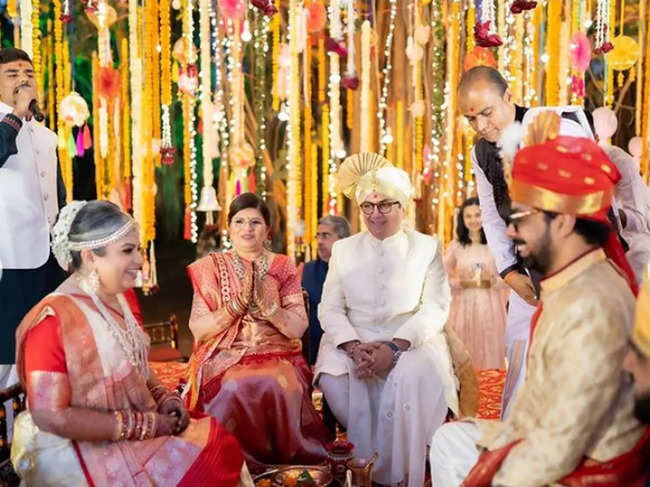Dilip Joshi and his wife Jaymala ​bless daughter Niyati and son-in-law Yashowardhan at the wedding​.
