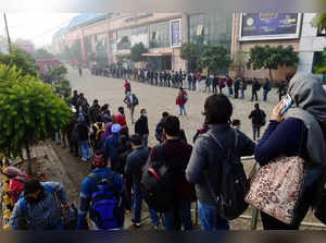 New Delhi: Passengers lined up outside the Akshardham Metro Station, in New Delh...