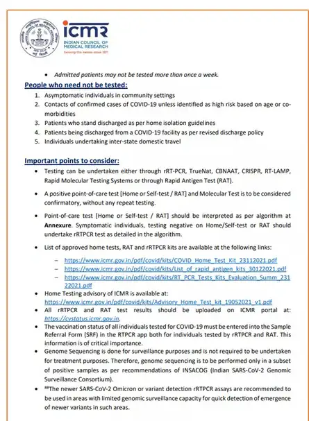 Fresh advisory for testing COVID samples