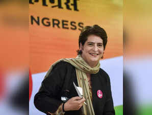 New Delhi: Congress General Secretary Priyanka Gandhi reacts during a press conf...