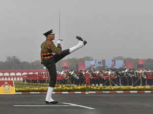 New Delhi: Marching contingent of the Indian Army during the full dress rehearsa...