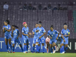 Mumbai: Indian players during the AFC Women's Asian Cup 2022 football match betw...