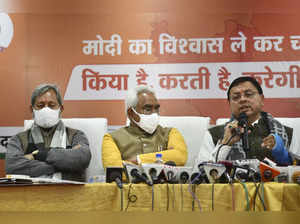 Dehradun: Uttarakhand CM Pushkar Singh Dhami speaks during a press conference, i...