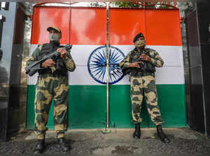 Jammu: Border Security Force (BSF) personnel stand guard at international border...
