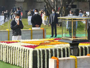 New Delhi: Congress leader Rahul Gandhi pays tribute to Mahatma Gandhi at Rajgha...