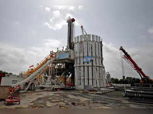 An oil rig manufactured by Megha Engineering and Infrastructures Limited (MEIL) at an Oil and Natural Gas Corp (ONGC) plant, during a media tour of the plant in Dhamasna