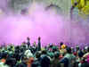 Vrindavan: People celebrate Holi at Banke Bihari Temple on occasion of Basant Panchami