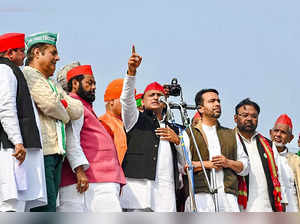 Bijnor: Samajwadi Party (SP) President Akhilesh Yadav during an election campaig...