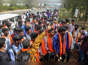 Chikmagalur: Students wearing saffron shawls protest against those wearing 'hija...