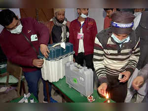 Shamli, Feb 10 (ANI): Polling officials seal the Electronic Voting Machines (EVM...