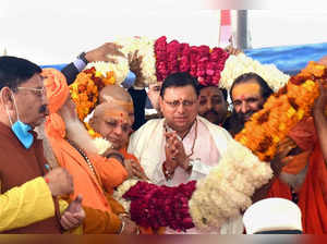Haridwar: Akhada Parishad seers felicitate Uttarakhand CM Pushkar Singh Dhami in...