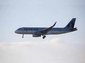 A Qatar Airways plane lands at the Boryspil International Airport outside Kyiv