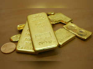 FILE PHOTO: Gold bars are displayed at a gold jewellery shop in Chandigarh