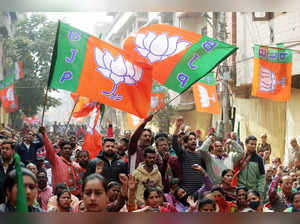 Amritsar, Feb 17 (ANI): Bharatiya Janata Party (BJP) supporters wave party flags...