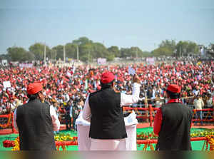 Auraiya: Samajwadi Party (SP) President Akhilesh Yadav speaks during an election...