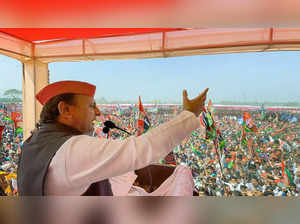 Prayagraj: Samajwadi Party President Akhilesh Yadav addresses an election campai...
