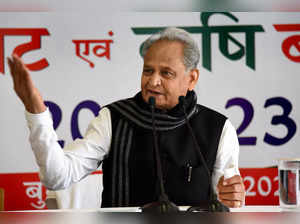 Jaipur: Rajasthan Chief Minister Ashok Gehlot addresses the media after presenti...