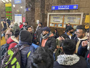 Ukraine: Indian students stranded in Ukraine wait at a railway station after bei...