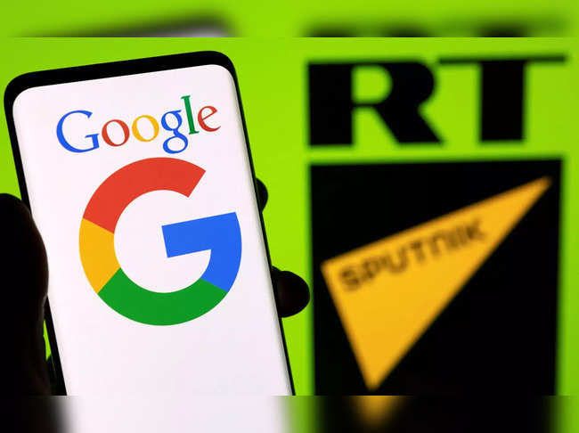 Illustration shows Google logo, RT and Sputnik app