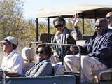 US first lady Michelle Obama waves from her safari