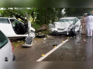 Mangled remains of two cars after they collided with each other on the ...