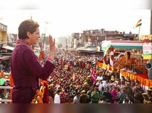 Pratapgarh: AICC General Secretary Priyanka Gandhi Vadra addresses during a road...