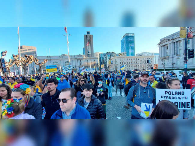Supporters gather during a rally organized by Silicon Valley-based humanitarian aid group Nova Ukraine, in San Francisco