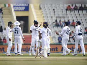 Mohali: India’s Ravindra Jadeja celebrates the wicket of Sri Lanka's Suranga Lak...