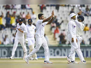 Mohali: India’s Ravichandran Ashwin celebrates the wicket of Sri Lanka's Lahiru ...