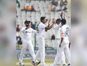 Mohali: India’s Ravichandran Ashwin celebrates the wicket of Sri Lanka's Lahiru ...