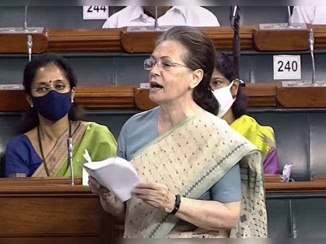 Congress interim President Sonia Gandhi speaks in the...