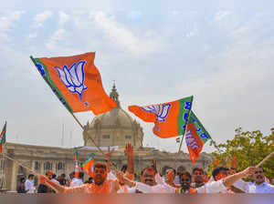 Lucknow: BJP supporters holding party flags celebrate with colours, as the party...