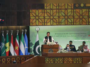 Pakistan’s Prime Minister Imran Khan gives the keynote speech at the 48th meeting of the OIC, Council of Foreign Ministers, in Islamabad