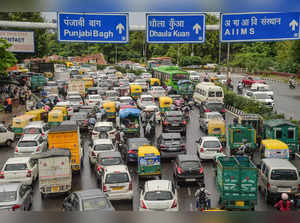 New Delhi: Traffic jam at Ring Road after heavy rain in New Delhi. (PTI Photo/Sh...
