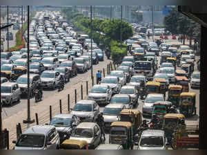 Gurugram: Heavy traffic jam on the Cyber City Road, near Shankar Chowk, in Gurug...