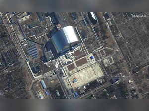 A satellite image shows a closer view of sarcophagus at Chernobyl