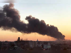 Lviv : A cloud of smoke raises after an explosion in Lviv, western Ukraine. The ...