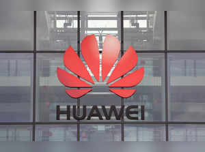 Huawei logo is pictured on the headquarters building in Reading