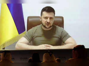 Doha: Ukrainian President Volodymyr Zelenskyy speaks via video call to the Doha ...