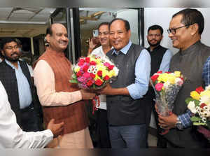 Guwahati: Lok Sabha Speaker Om Birla being welcomed by Speaker of Assam Legislat...