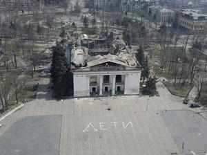 A view shows the building of a destroyed theatre in Mariupol