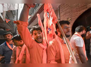 New Delhi: Devotees during the 'Shobha Yatra' organized by Vishva Hindu Parishad...