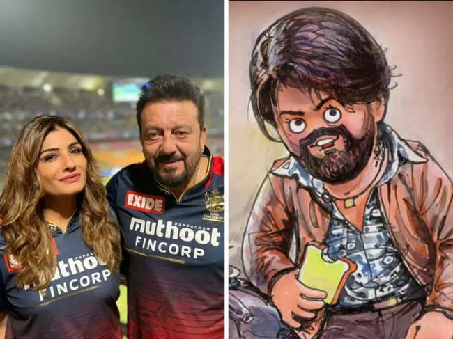 ​Raveena Tandon and Sanjay Dutt wore customised RCB jerseys for the IPL match.