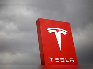 The logo of Tesla is seen in Taipei