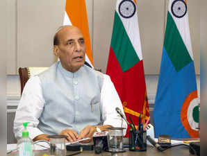 New Delhi: Defence Minister Rajnath Singh addresses the members of American Cham...