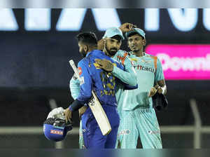 Mumbai: KL Rahul of Lucknow super giants being congratulated by Jasprit Bumrah o...