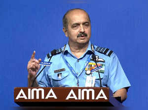 New Delhi, Apr 12 (ANI): IAF Chief Air Marshal VR Chaudhari addresses the 7th Na...