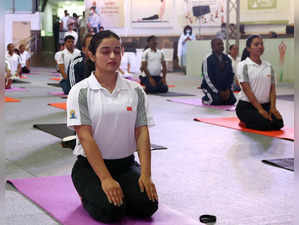 New Delhi, Apr 25 (ANI): Participants perform yoga during the Countdown Day Prog...